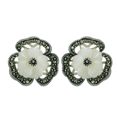 Marcasite Earring White Mother of Pearl Flower with Marcasite Petals