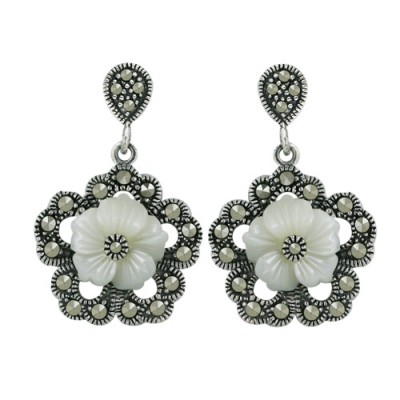 Marcasite Earring White Mother of Pearl Open Flower Dangle