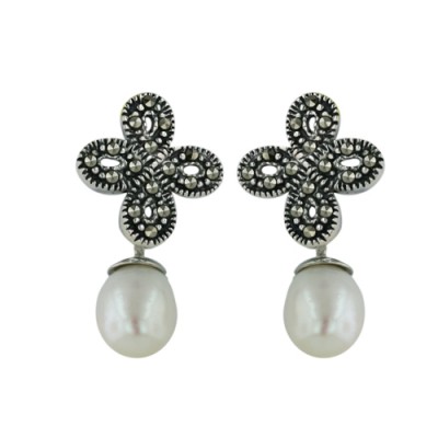 Marcasite Earring Celtic Knot Top with 7-9mm Fresh Water Pearl Dangling
