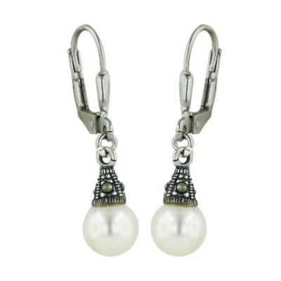 Marcasite Earring 8mm White Faux Pearl+Marcasite Cap Dangle with Le