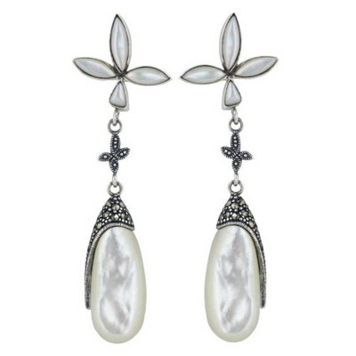 Marcasite Earring 27X12mm White Mother of Pearl Tear Drop with Marquis+Marcasite Butt