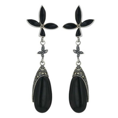 Marcasite Earring 27X12mm Onyx Tear Drop with Marquis+Marcasite Butterfly