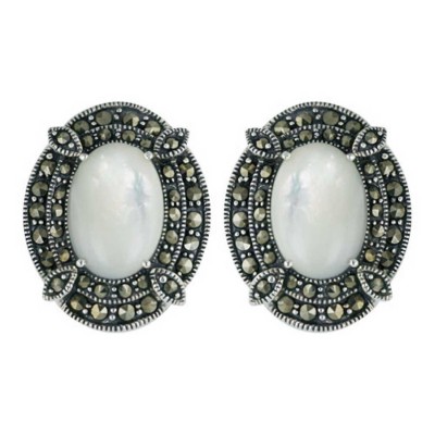 Marcasite Earring 25X20mm White Mother of Pearl Cabochon Oval with Marcasite Marqu