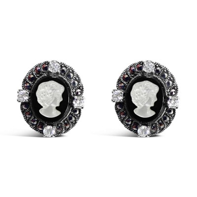 Marcasite Earring 18X15Mm White Mother Of Pearl Lady Cameo W/Onyx Ova
