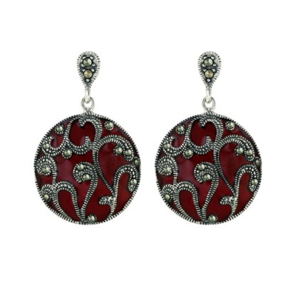 Marcasite Earring 20X20mm Red Transparent Epoxy Round with Pave