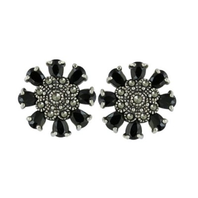 Marcasite Earring Black Cubic Zirconia Flower with Pave Marcasite Ctr