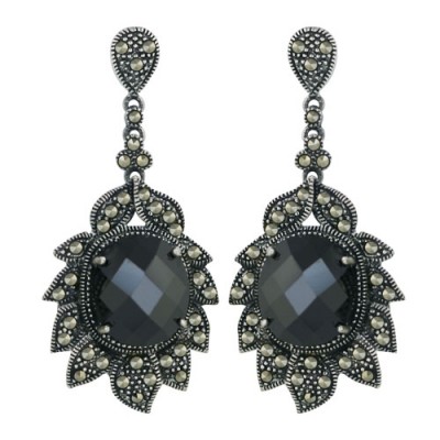 Marcasite Earring 14X12mm Black Cubic Zirconia Chess Cut Dome with Pave Marcasite Flower