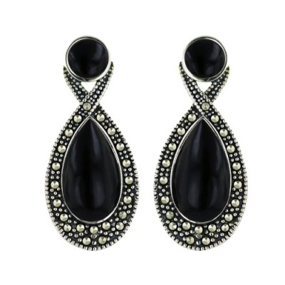 Marcasite Earring Onyx Tear Drop with Pave Marcasite Around