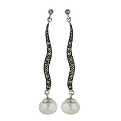 Marcasite Earring 10mm White Freshwater Pearl with Wavy Pave Marcasite