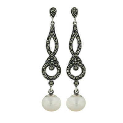 Marcasite Earring 12mm White Freshwater Pearl with Open Pave Marcasite