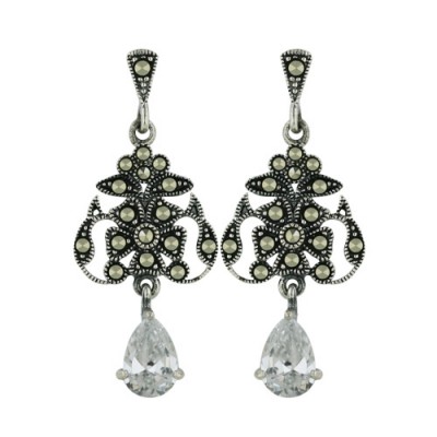Marcasite Earring Clear Cubic Zirconia Tear Drop Dangling with Pave Marcasite Flowery Top