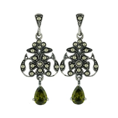 Marcasite Earring Olivine Cubic Zirconia Tear Drop Dangling with Pave Marcasite Flowery Top