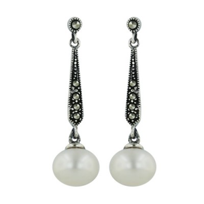 Marcasite Earring White Freshwater Pearl with Pave Long Danglin