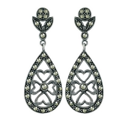 Marcasite Earring Tear Drop Filigree 27 mm Dangling Post