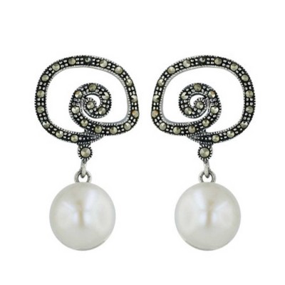 Marcasite Earring Fresh Water Pearl (8mm) with Swirl