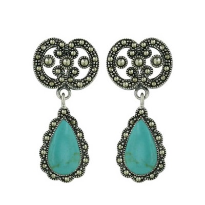 Marcasite Earring Reconstituent Turquoise 15mm Teardrop