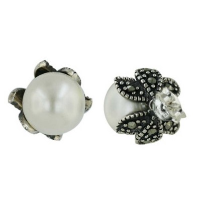 Marcasite Earring with 10mm Fresh Water Pearl & Marcasite Leafs Around