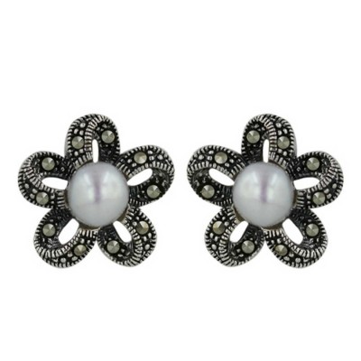 Marcasite Earring Flower with Fresh Water Pearl 6mm Center