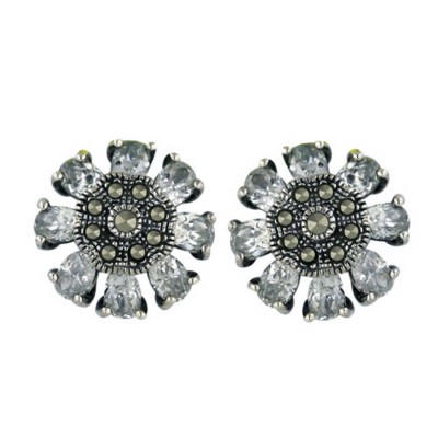 Marcasite Earring Flower Shape with Clear Cubic Zirconia Petals 4mm/