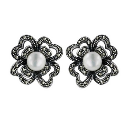 Marcasite Earring Four Petals Flower with 8mm Fresh Water Pearl