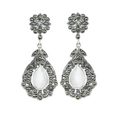 Marcasite Earring with T Drop Dangle Mother of Pearl with Marcasite Border with