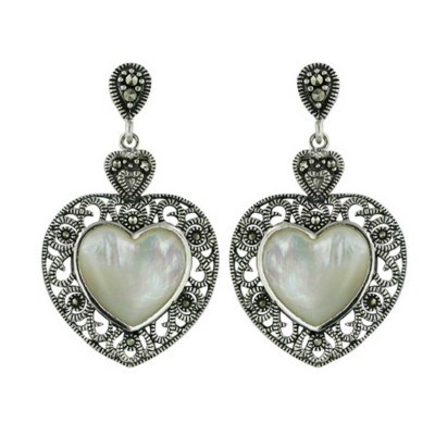 Marcasite Earring Heart with Mother of Pearl Center with Post