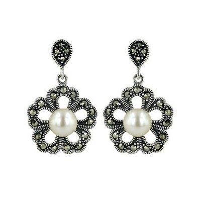 Marcasite Earring Flower with Fresh Water Pearl Button Center with Post