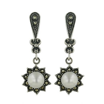 Marcasite Earring with 6.5-6.5mm Fresh Water Pearl Dangling with Tear Drop Post