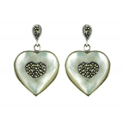 Marcasite Earring Heart Mother of Pearl with Marcasite Center and Bail