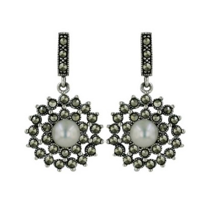 Marcasite Earring Dangling Baguette Post+Flower with 6mm Fresh Water Pearl
