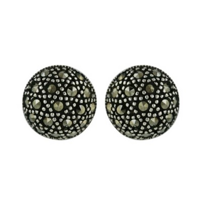 Marcasite Earring Dome Stud 10-10mm Round with Open Flower Back