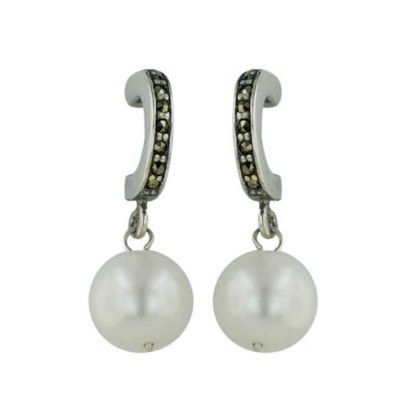 Marcasite Earring C Hook Fresh Water Pearl 9-10mm Drop