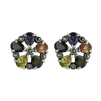 Marcasite Earring 5 Petals Flower with Open Marcasite Circle -1M-4161
