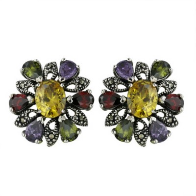 Marcasite Earring Oval Cubic Zirconia Center with 6 Multicolor Color Tear Drop Cubic Zirconia-
