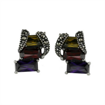 Marcasite Earring 3 Rec. Multicolor Color Cubic Zirconia with Open Wavy Marcasite Line-