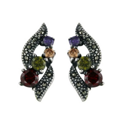 Marcasite Earring Double Wavy Marcasite Lines with 4 Multicolor Color Cubic Zirconia -