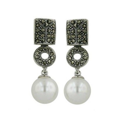 Marcasite Earring Geometic Faux Pearl Drop