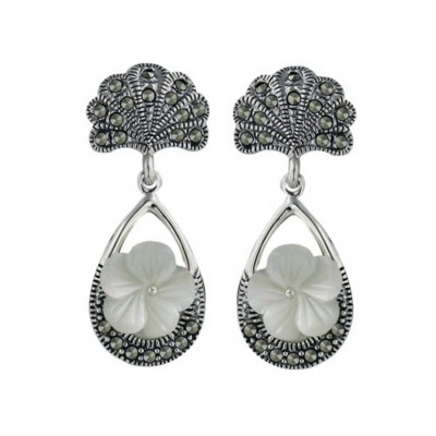 Marcasite Earring Fan Top with 5 Petals White Mother of Pearl Flower Dangli