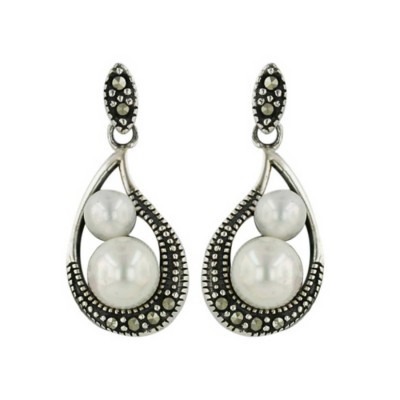 Marcasite Earring Post Open Teardrop 2 Shell Pearl 4mm 7mm