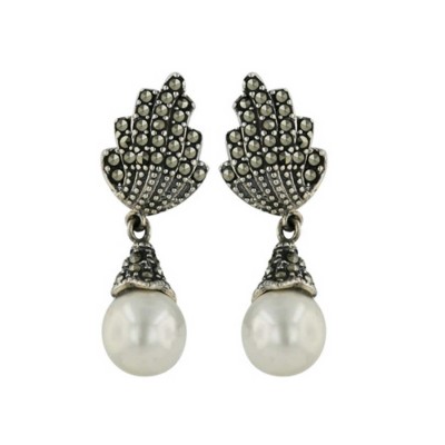 Marcasite Earring Marcasite Torch Pave Top 8mm Shell Pearl Bottom D