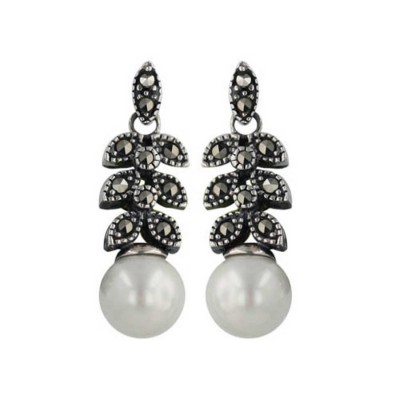 Marcasite Earring 3 Pares Symmetrical Leave 8mm Shell Pearl