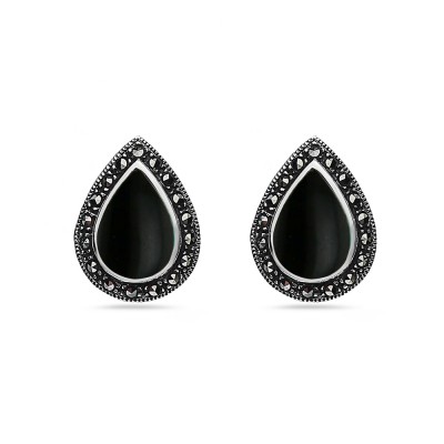 Marcasite Earring with Pear Onyx