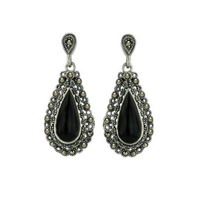 Marcasite Earring Tear Drop Black Onyx 20X14 mm