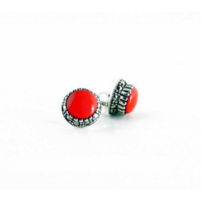 Marcasite Earring 7Mm Reconstituent Coral Marcasite Bezel
