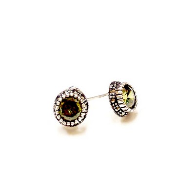Marcasite Earring 7mm Olivine Cubic Zirconia Marcasite Bezel Stud