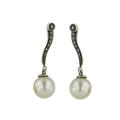 Marcasite Earring 10mm Pearl Dangle on Wave Design Paved in