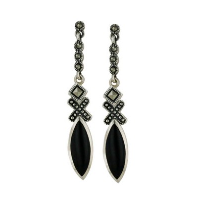 Marcasite Earring Square Marcasite "X" with Marquis Onyx Dangle