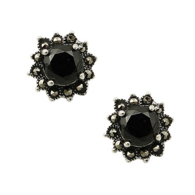 Marcasite Earring Stud Round Black Cubic Zirconia