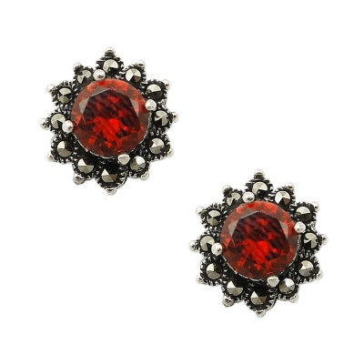 Marcasite Earring Stud Round Garnet Cubic Zirconia