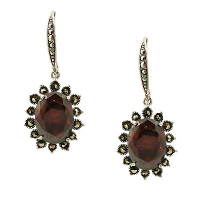 Marcasite Earring Stud Oval Garnet Cubic Zirconia Dangling